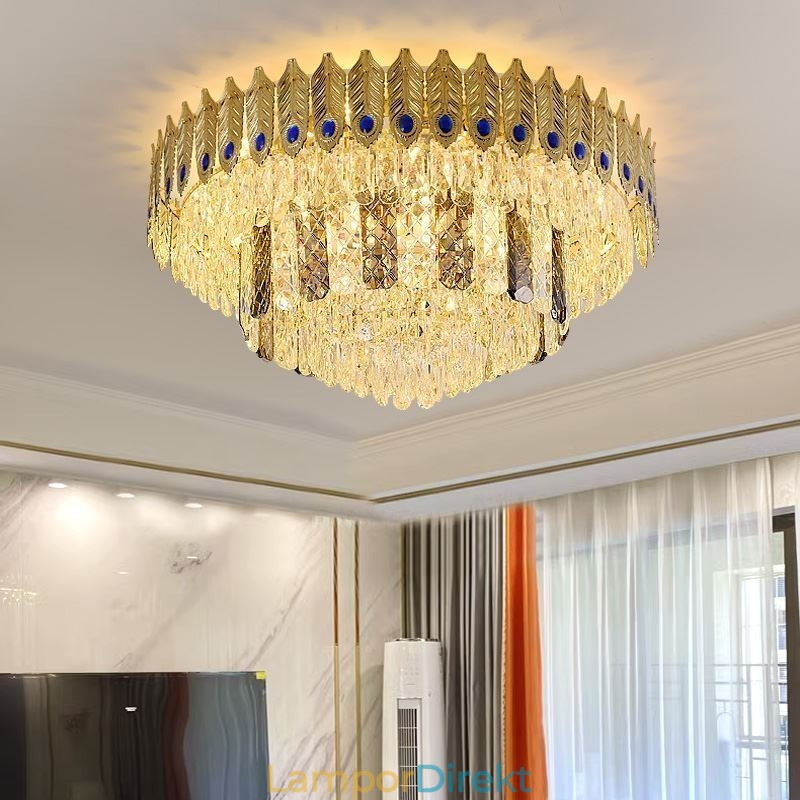 Crystal Flush Mount Rund Elektropläterad Phoenix Tail Guld Lyxig Decrative Taklampa