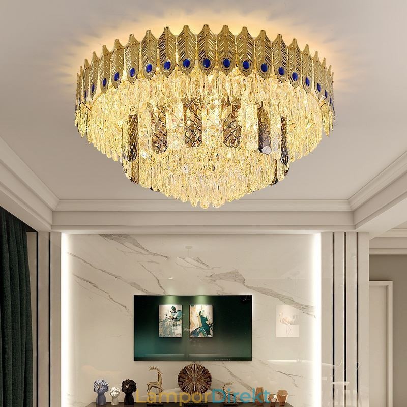 Crystal Flush Mount Rund Elektropläterad Phoenix Tail Guld Lyxig Decrative Taklampa