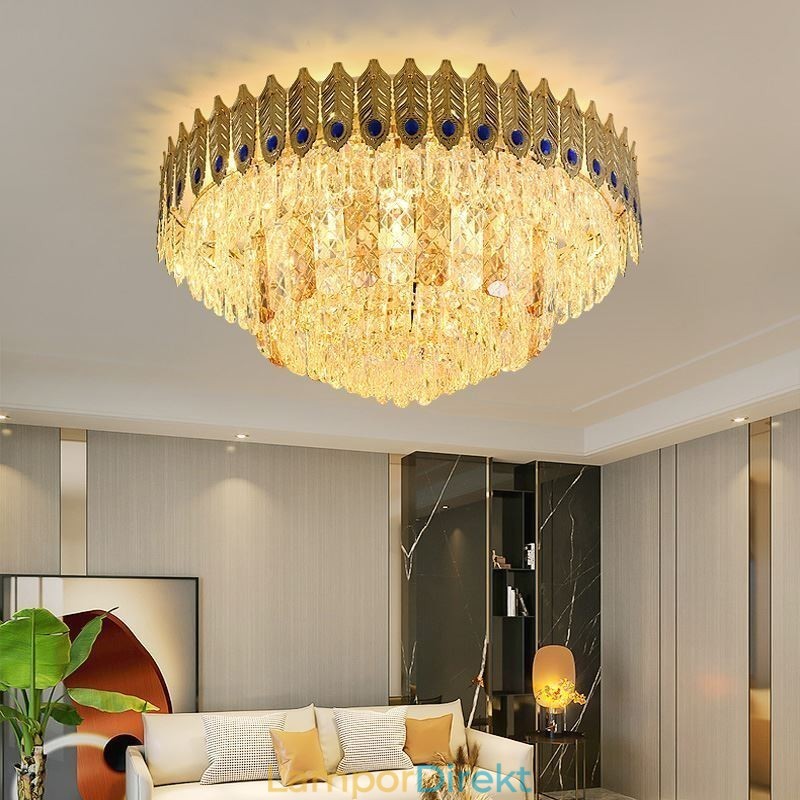 Crystal Flush Mount Rund Elektropläterad Phoenix Tail Guld Lyxig Decrative Taklampa