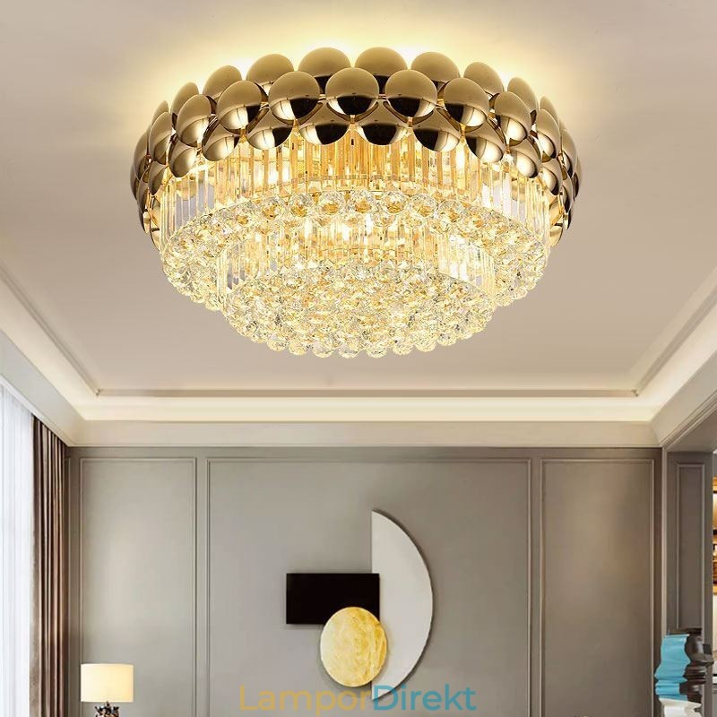 Crystal Flush Mount Rund Elektropläterad Guld Lyxig Decrative Taklampa 80Cm