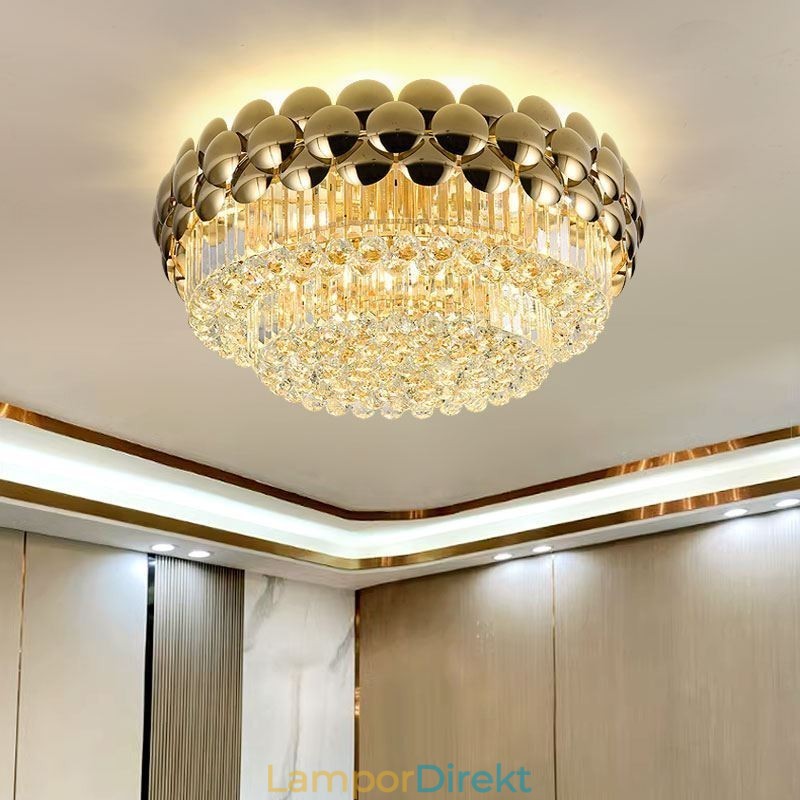 Crystal Flush Mount Rund Elektropläterad Guld Lyxig Decrative Taklampa 80Cm