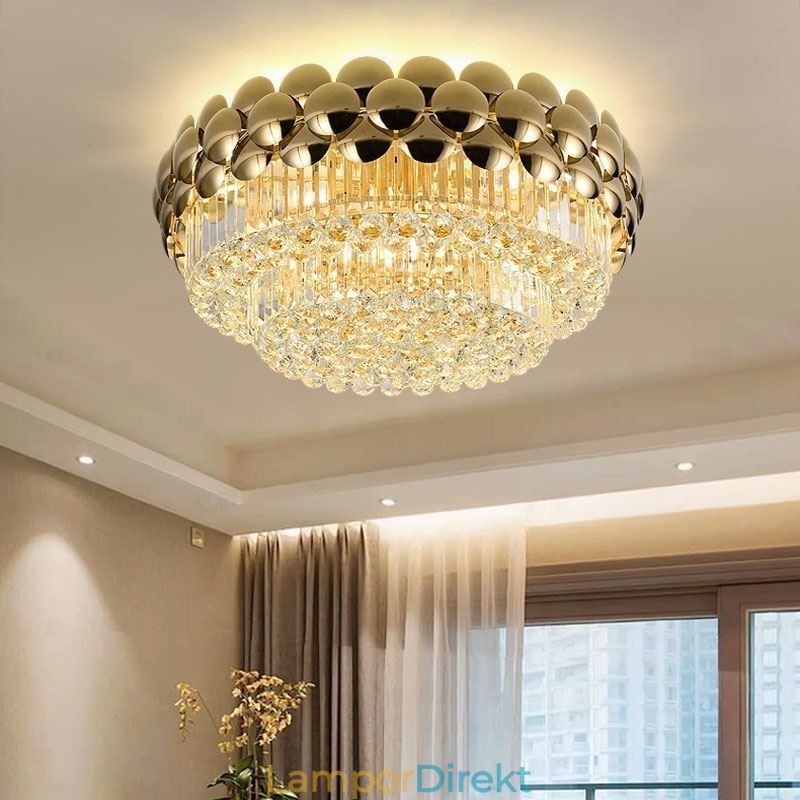 Crystal Flush Mount Rund Elektropläterad Guld Lyxig Decrative Taklampa 80Cm