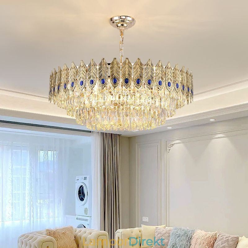 Golden Feather Crystal Pendel Light Duplex Dekorativa Taklampa