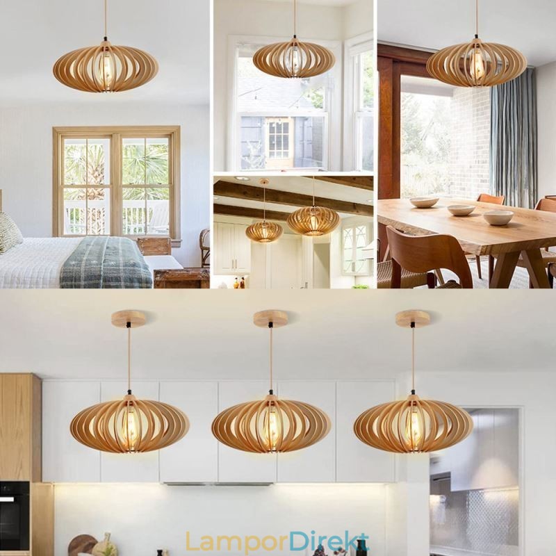 Log Basswood Taklampa 17Cm Oval Trälampskärm