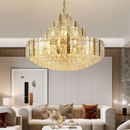 Crystal Pendel Light 4Th Floor Luxury Decrative Ceiling Light Med Gyllene Ihåliga Järnplåt