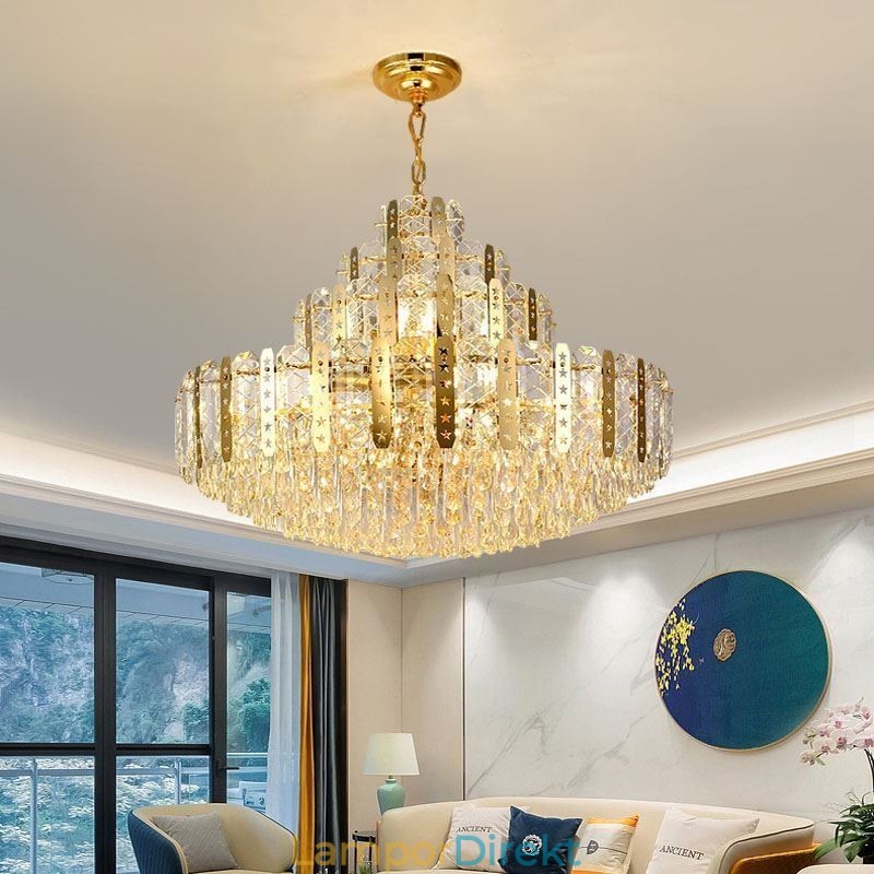 Crystal Pendel Light 4Th Floor Luxury Decrative Ceiling Light Med Gyllene Ihåliga Järnplåt