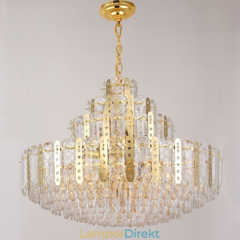 Crystal Pendel Light 4Th Floor Luxury Decrative Ceiling Light Med Gyllene Ihåliga Järnplåt