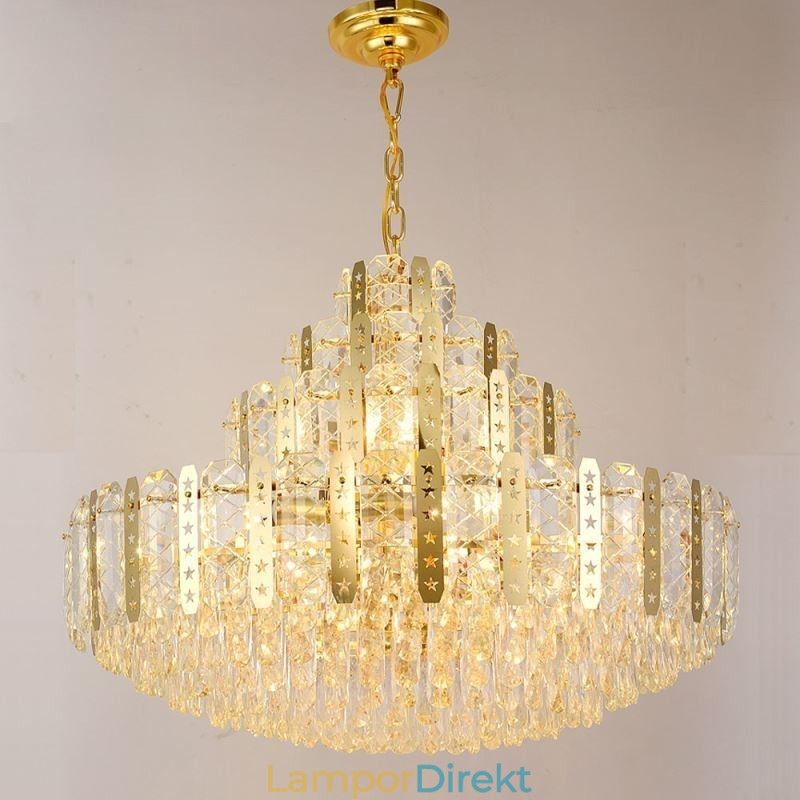 Crystal Pendel Light 4Th Floor Luxury Decrative Ceiling Light Med Gyllene Ihåliga Järnplåt