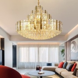 Crystal Pendel Light 4Th Floor Luxury Decrative Ceiling Light Med Gyllene Ihåliga Järnplåt