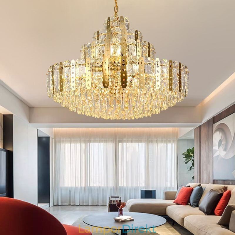Crystal Pendel Light 4Th Floor Luxury Decrative Ceiling Light Med Gyllene Ihåliga Järnplåt
