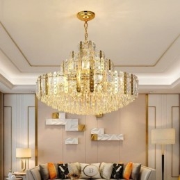 Crystal Pendel Light 4Th Floor Luxury Decrative Ceiling Light Med Gyllene Ihåliga Järnplåt