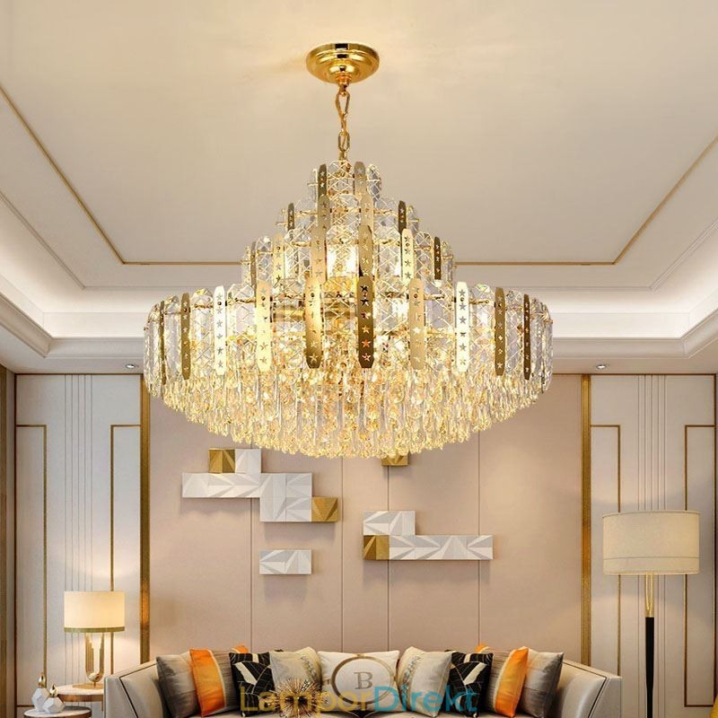 Crystal Pendel Light 4Th Floor Luxury Decrative Ceiling Light Med Gyllene Ihåliga Järnplåt