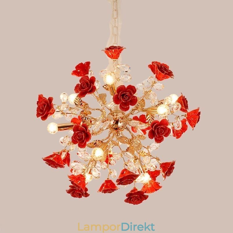 Lyx Taklampa Keramik Röd Blomma Ljuskrona