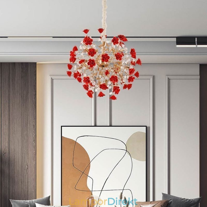 Lyx Taklampa Keramik Röd Blomma Ljuskrona