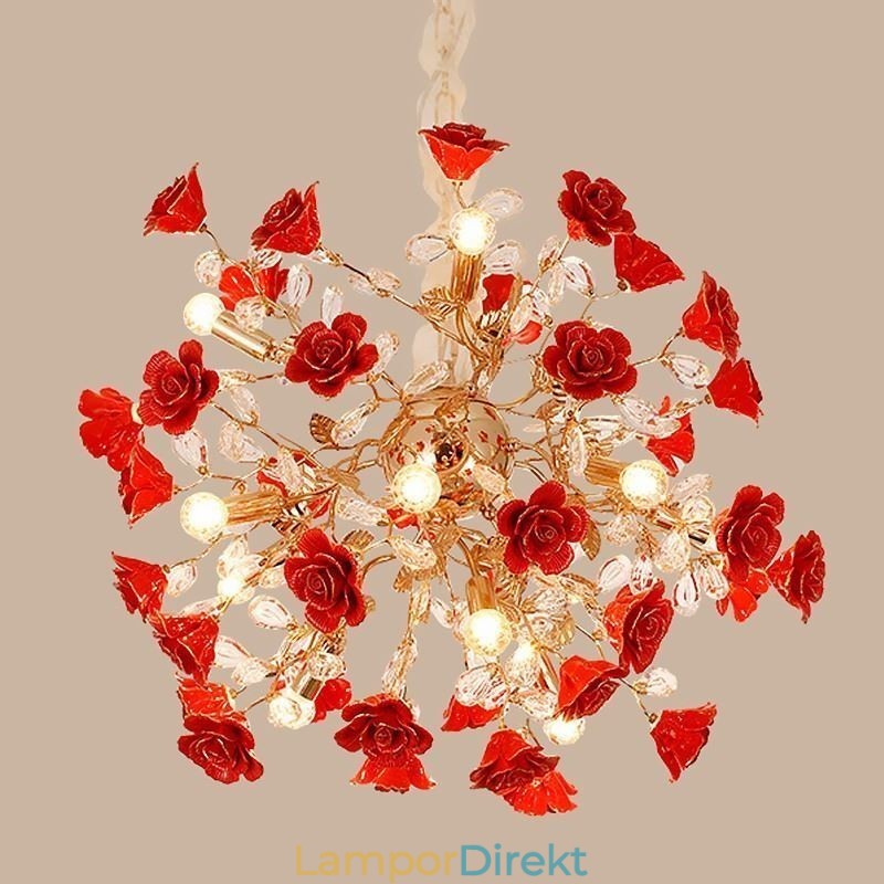Lyx Taklampa Keramik Röd Blomma Ljuskrona