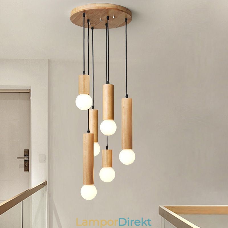 Japansk Trä Taklampa 6 Lampor Hängande Ljus