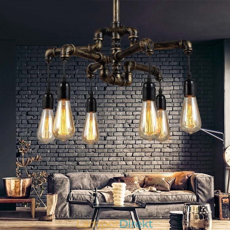 6 Ljus Retro Industriell Vintage Vattenrör Hängande Ljus Ljuskrona Lantlig Rustik Stil