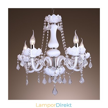 Elegant Kristallkrona Med 5 Ljus I Vitt Elegant Kristallkrona Med 5 Ljus I Vitt