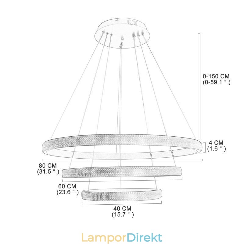 Modern Pendellampa Akryl 3 Ringar Lampa 80+60+40Cm