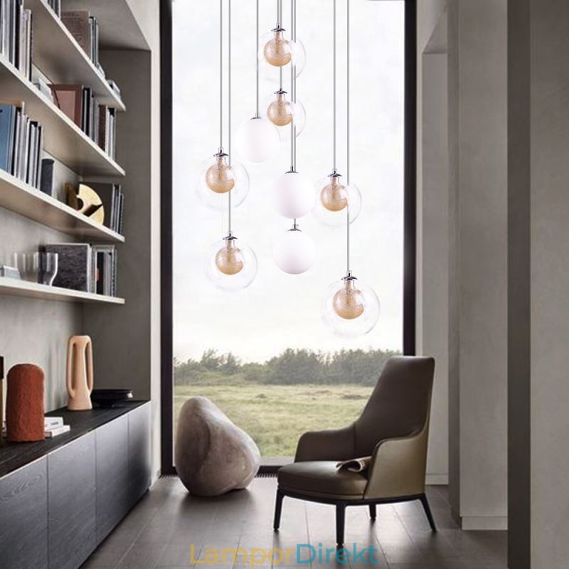 Pendelljus Glas Cluster Takljus Guld Nickel Borstad+Mjölkaktig Glaskula