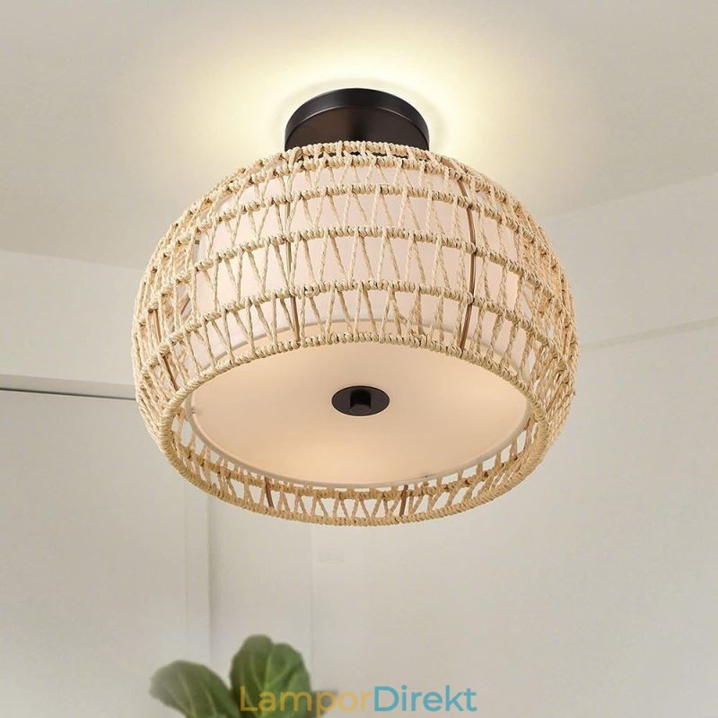 Pappersrep Tyg Flush Mount 32Cm Rund Lampskärm 3 Lampor