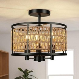 Retro Taklampa Svart Järn Pappersrep Taklampa 3 Lampor