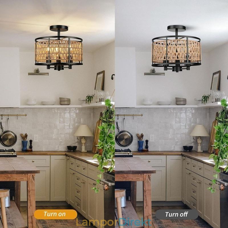 Retro Taklampa Svart Järn Pappersrep Taklampa 3 Lampor