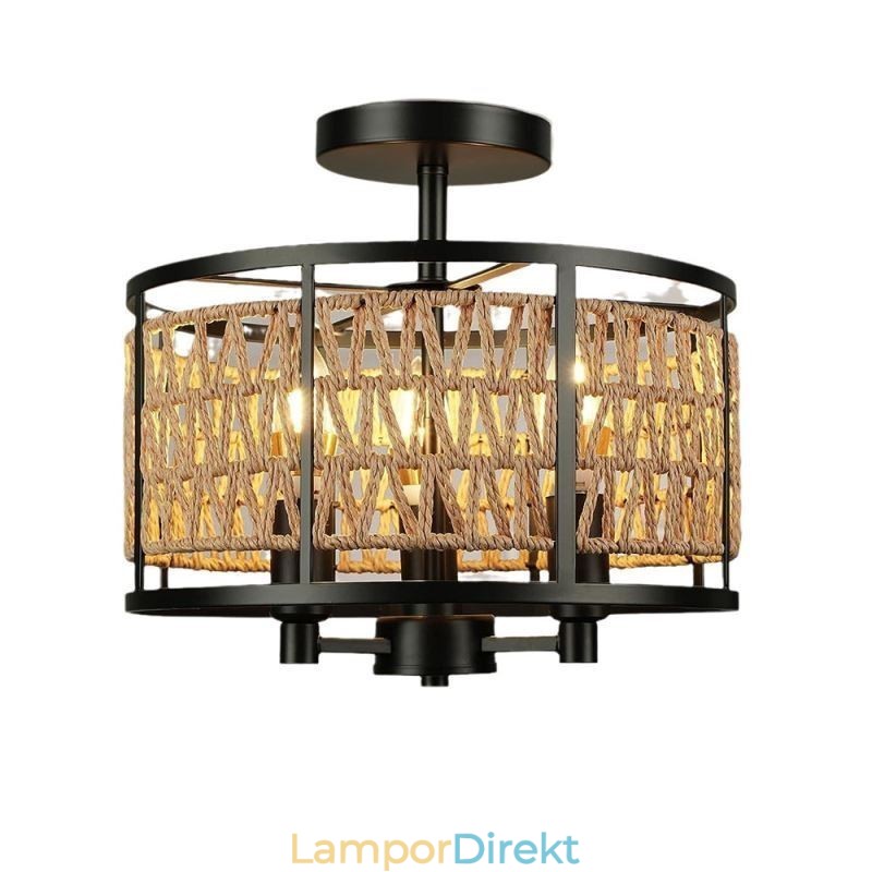 Retro Taklampa Svart Järn Pappersrep Taklampa 3 Lampor