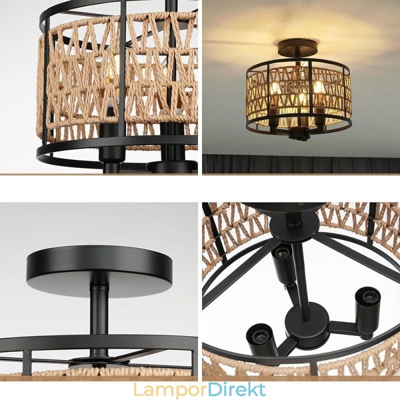 Retro Taklampa Svart Järn Pappersrep Taklampa 3 Lampor