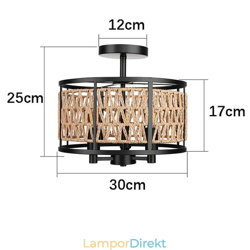 Retro Taklampa Svart Järn Pappersrep Taklampa 3 Lampor