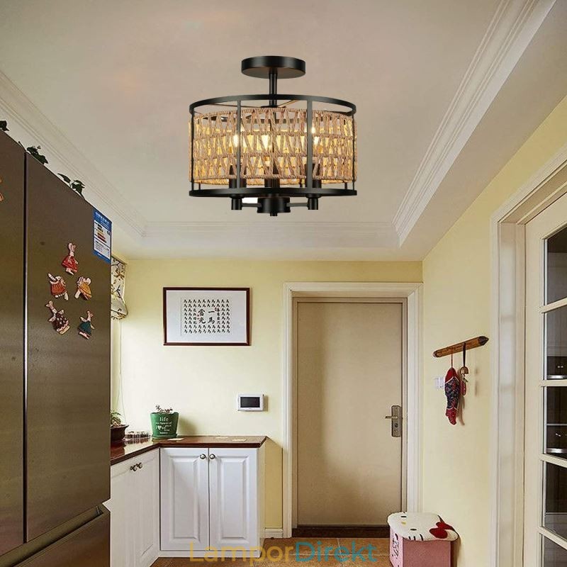 Retro Taklampa Svart Järn Pappersrep Taklampa 3 Lampor