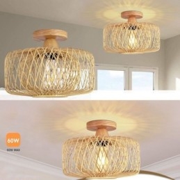 Retro Dubbellagers Taklampa Handvävd Bambu Lampskärm Taklampa