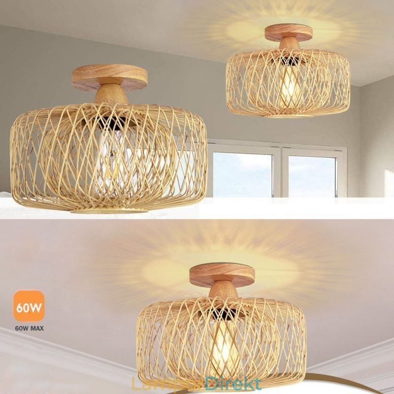 Retro Dubbellagers Taklampa Handvävd Bambu Lampskärm Taklampa
