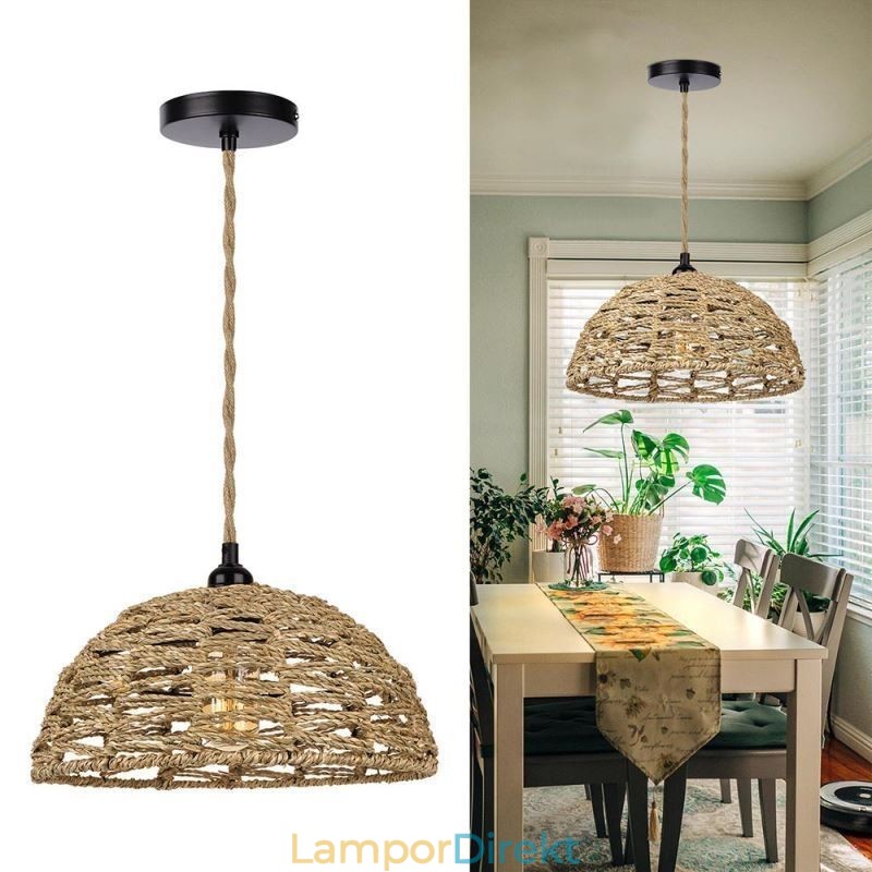 Country Retro Pendelljus Handvävd Pappersrep Lampskärm 30Cm
