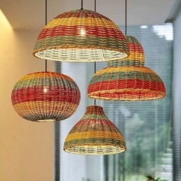 Bambu Och Rotting Taklampa Färgglad Randig Intervall Handvävd Lampskärm Taklampa