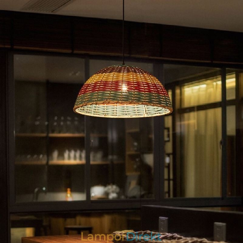 Bambu Och Rotting Taklampa Färgglad Randig Intervall Handvävd Lampskärm Taklampa