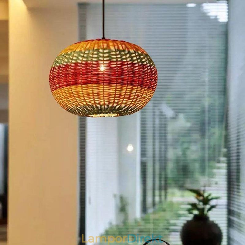 Bambu Och Rotting Taklampa Färgglad Randig Intervall Handvävd Lampskärm Taklampa