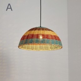 Bambu Och Rotting Taklampa Färgglad Randig Intervall Handvävd Lampskärm Taklampa