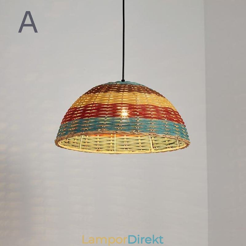 Bambu Och Rotting Taklampa Färgglad Randig Intervall Handvävd Lampskärm Taklampa