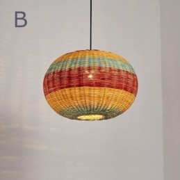 Bambu Och Rotting Taklampa Färgglad Randig Intervall Handvävd Lampskärm Taklampa