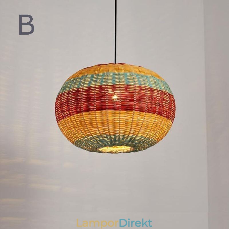 Bambu Och Rotting Taklampa Färgglad Randig Intervall Handvävd Lampskärm Taklampa