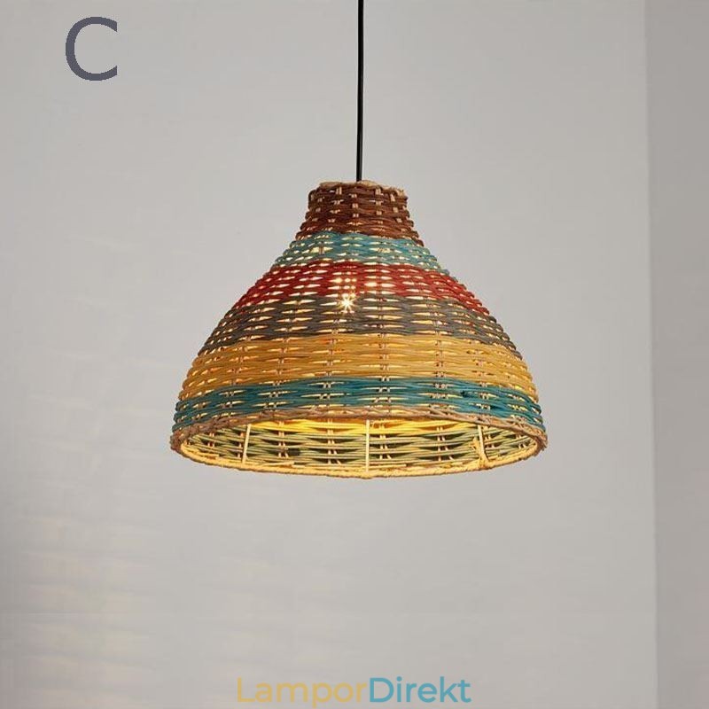 Bambu Och Rotting Taklampa Färgglad Randig Intervall Handvävd Lampskärm Taklampa