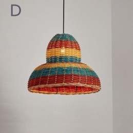 Bambu Och Rotting Taklampa Färgglad Randig Intervall Handvävd Lampskärm Taklampa