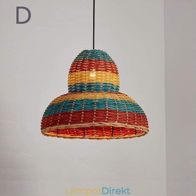 Bambu Och Rotting Taklampa Färgglad Randig Intervall Handvävd Lampskärm Taklampa