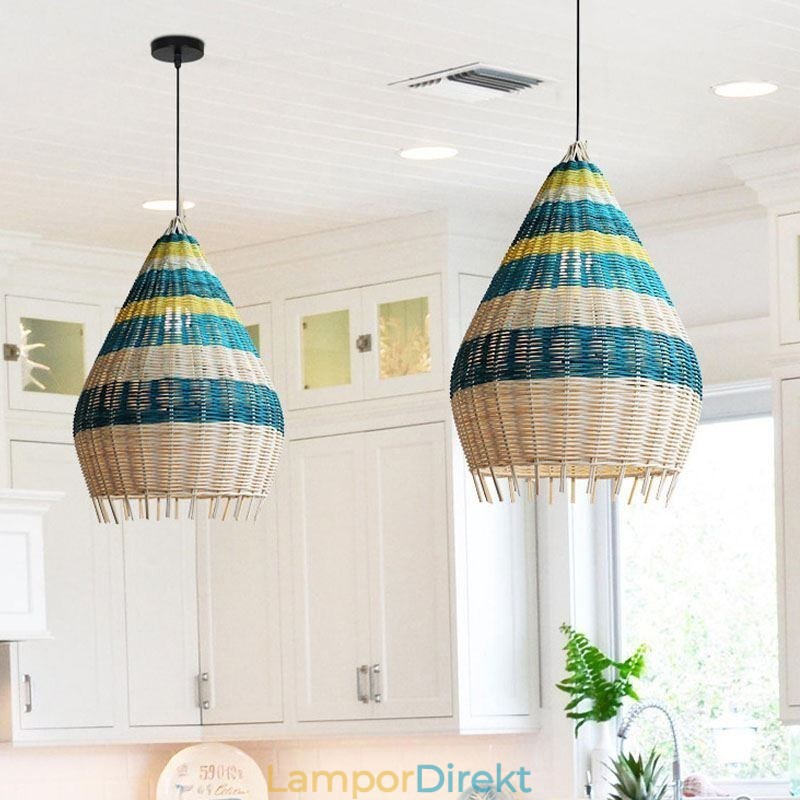 Bambu Och Rotting Pendel Ljus Randig Intervall Handvävd Lampskärm Taklampa