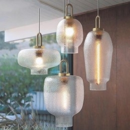 Pendellampa I Frostat Glas Modern Minimalistisk Taklampa I Smidesjärn