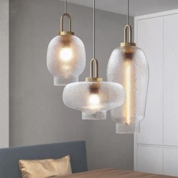 Pendellampa I Frostat Glas Modern Minimalistisk Taklampa I Smidesjärn