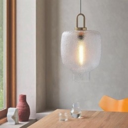 Pendellampa I Frostat Glas Modern Minimalistisk Taklampa I Smidesjärn