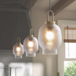 Pendellampa I Frostat Glas Modern Minimalistisk Taklampa I Smidesjärn