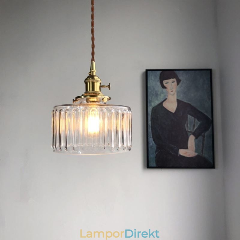 Geléburk Pendellampa I Klart Ribbad Glas Med Vridknapp